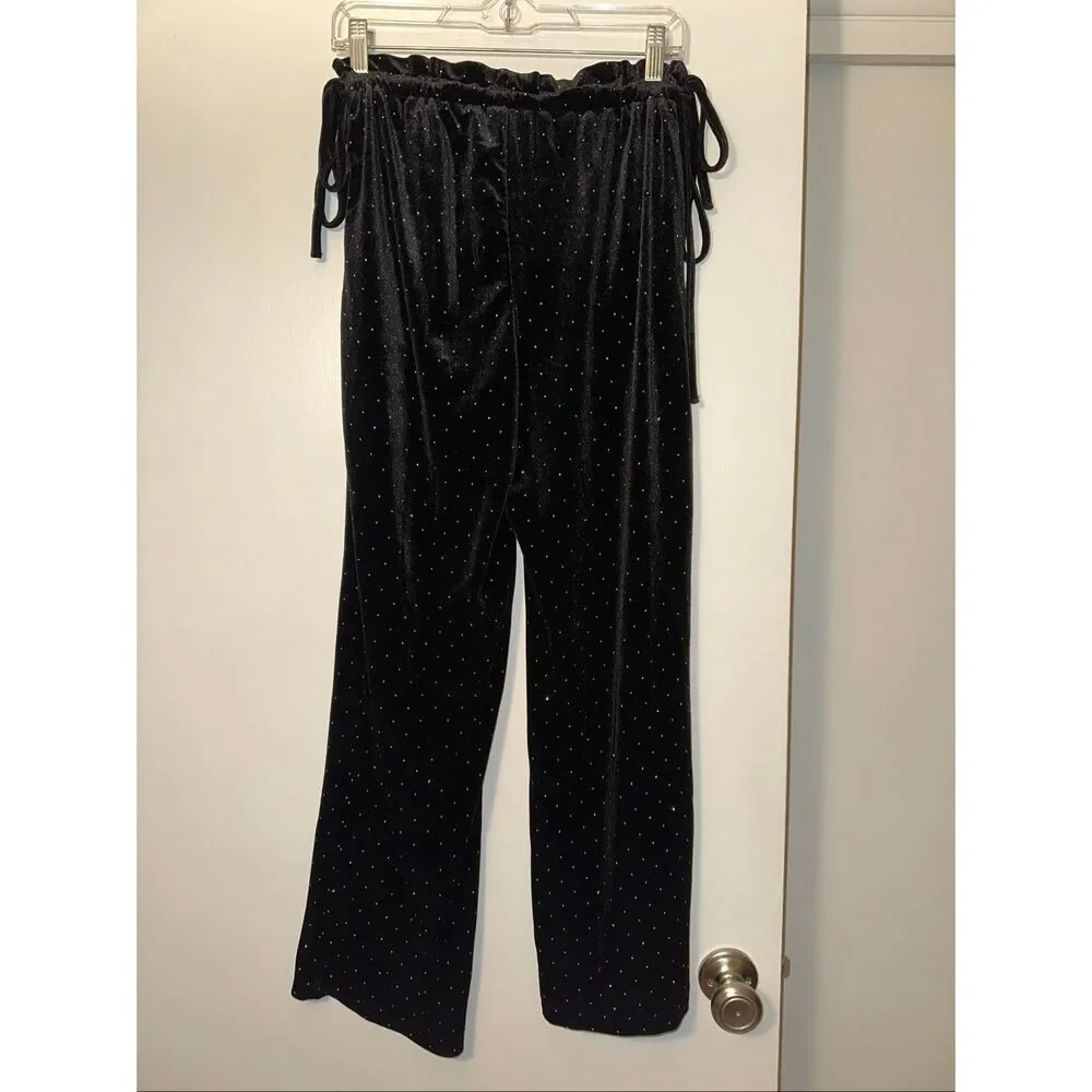 SHEIN Women’s Small Black Velvet Side Tie Rhinestone Detail Pants EUC